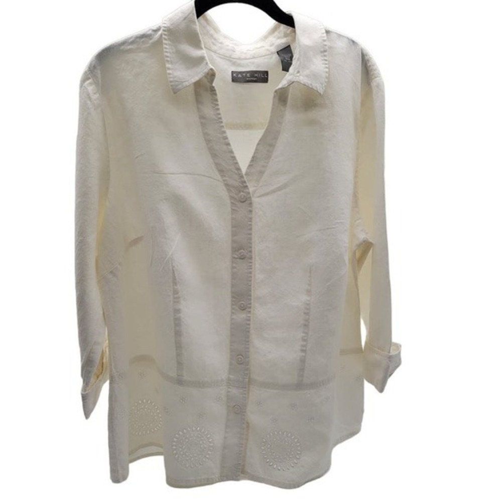 Kate Hill Women’s White Linen Eyelet‎ Collared Blouse 16W